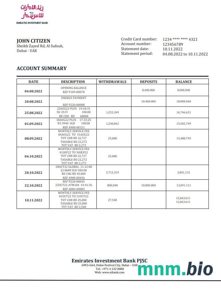 Szablon wyciągu ZEA Fujeirah National bank (NFB) w programie Word i PDF
